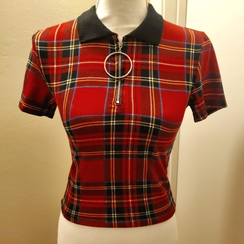 Plaid punk polo shirt w/ O-ring zipper - sz S - Dolls Kill - Rock Rose Couture